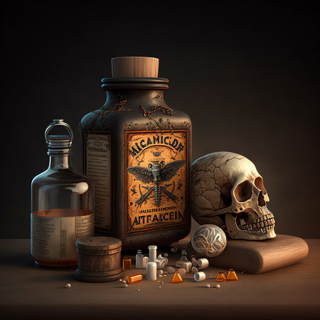 Old-school bottles of medicine near a skull on a table against a dark background. Created with Generative AI.の素材