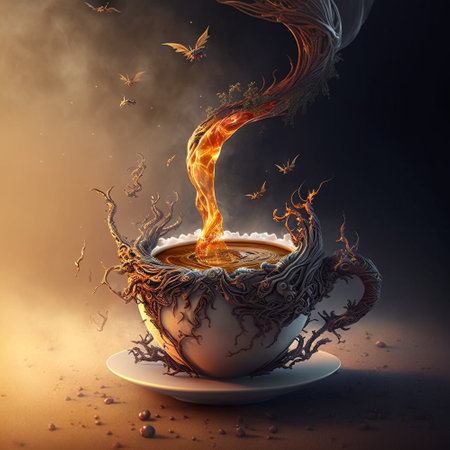 Add a bit of magic into a cup. Fantasy cup on a saucer with a magic hot coffee drink in it. Created with Generative AI. Midjourney illustrationの素材