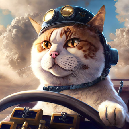 A pilot cat in a helmet piloting an aircraft through the cloudy sky. Created with Generative AI. Midjourney illustrationの素材