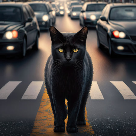 A black cat walking in the middle of the road and behind him a lot of cars are waiting for him. Created with Generative AI. Midjourney illustrationの素材