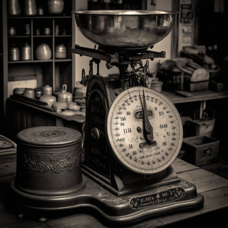 An Antique vintage scales in old-fashioned shop. Black and white. Created with Generative AI. Midjourney illustrationの素材