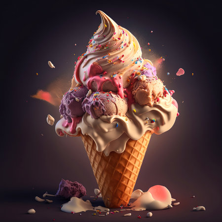 A delcious looking ice cream cone with sprinkles and many scoops of different ice cream flavours. Dark background. Created with Generative AI.の素材