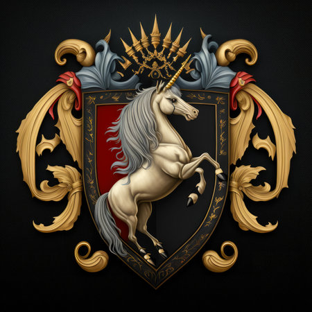 A coat of arms with a white unicorn on black background. Created with Generative AI.の素材