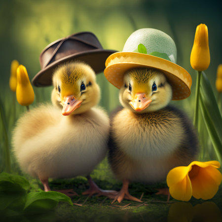 A couple of ducklings in hats standing in nature near yellow tulips. Created with Generative AI. Midjourney illustrationの素材