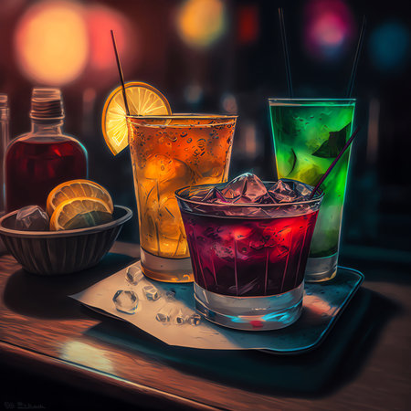 Three different colored cocktails with ice standing on a counter in a bar. Created with Generative AI.の素材