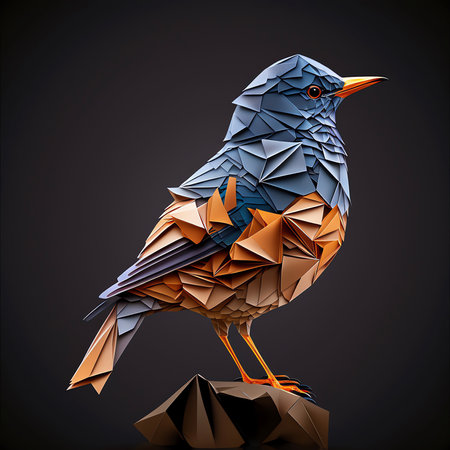 An origami style blue and orange bird. Created with Generative AI.の素材