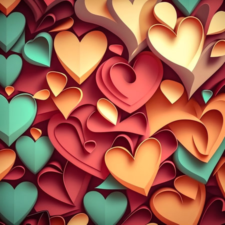 Paper work style background with a lot of turquoise, red and yellow heart shapes. Created with Generative AI. Midjourney illustrationの素材