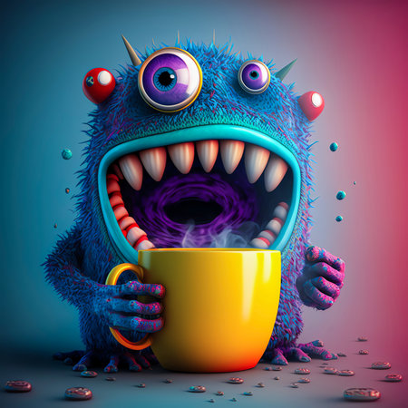 A blue and purple funny fictional monster open his big mouth for drinking a hot coffee from a yellow mug. Created with Generative AI.の素材