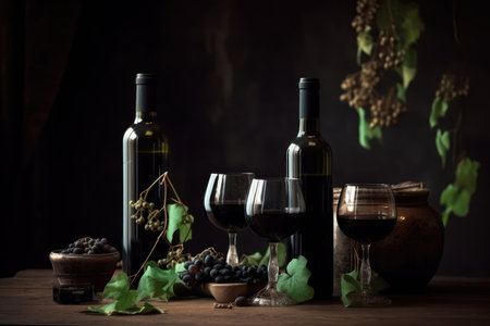 Two wine bottles with red wine,  glasses with wine, black grapes and green vines on wooden table. Black background.  Created with Generative AI.の素材