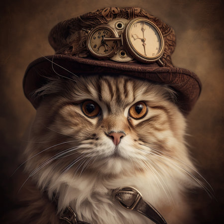 A portrait of a steampunk style fluffy cat in a hat. .Created with Generative AI.の素材