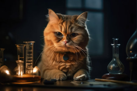 A ginger cat scientist sitting  behind a laboratory table with test tubes and flasks. .Created with Generative AI.の素材