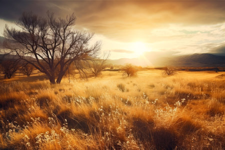 A yellow meadow and trees under a sunset. Created with Generative AI.の素材