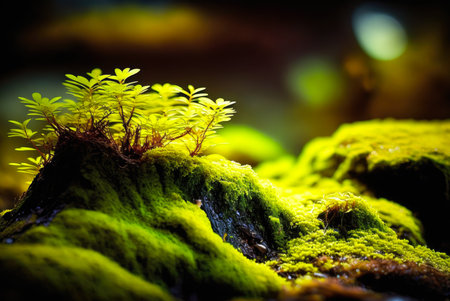 A Close-up of moss and plant in the forest. Created with Generative AI.の素材