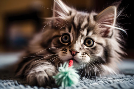 A cute kitten and his toy. .Created with Generative AI.の素材