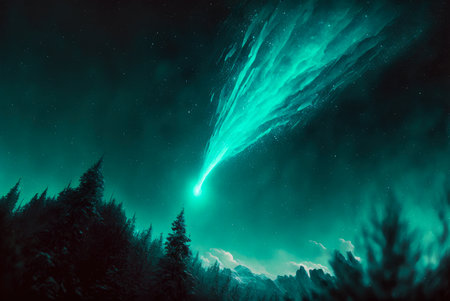 A large blue comet with a trail streaking thorugh the night sky. Created with Generative AI.の素材
