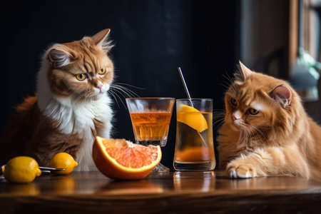 Two ginger cats sitting behind a table and drinking cocktails with citrus fruits. .Created with Generative AI.の素材