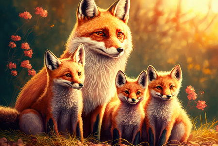 Family of cute red foxes sitting in a glade. Created with Generative AI.の素材