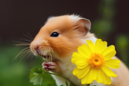A portrait of a hamster with yellow flower in nature. Created with Generative AI.の素材