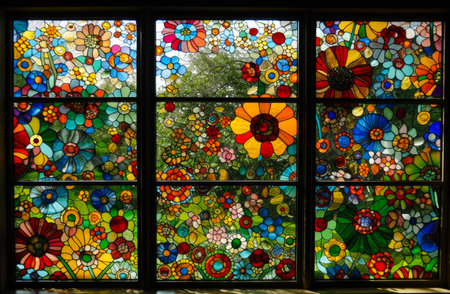 Stained glass window with a floral design. Created with Generative AI.の素材