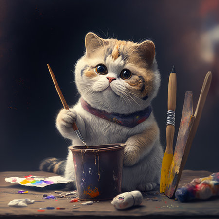 Cute painter cat sitting on a table with art supplies and ready to drawing. Created with Generative AI.の素材