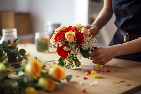 A florist creating a small composition of flowers on a work table. .Created with Generative AI.の素材