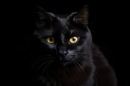 Portrait of a black cat with yellow eyes on a black background. Created with Generative AI.の素材