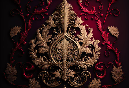 A golden foliage ornament elements on a maroon background. Baroque style. Created with Generative AI.の素材