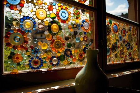 A stained glass window with a flower design and a vase standing on a windowsill. Created with Generative AI.の素材