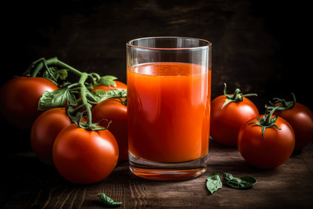 A glass of a tomato juice near fresh tomatoes on dark wooden background. Created with Generative AI.の素材