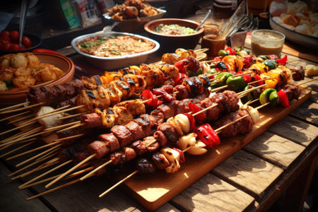 Barbecue meat  (Souvlaki) on wooden skewers laying on a table near other food. Created with Generative AI.の素材