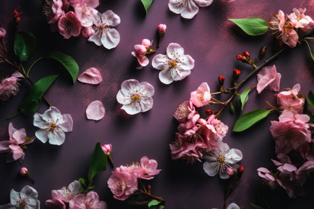 Cherry tree blossoms on a purple background. Created with Generative AI.の素材