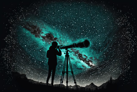 A silhouette of a person looking through a telescope under a starry sky. .Created with Generative AI.の素材