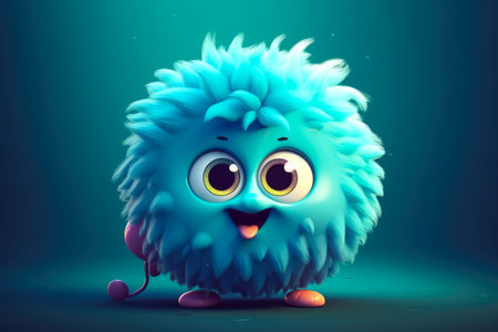 Cute fluffy fantasy blue creature on a blue background. Created with Generative AI.の素材