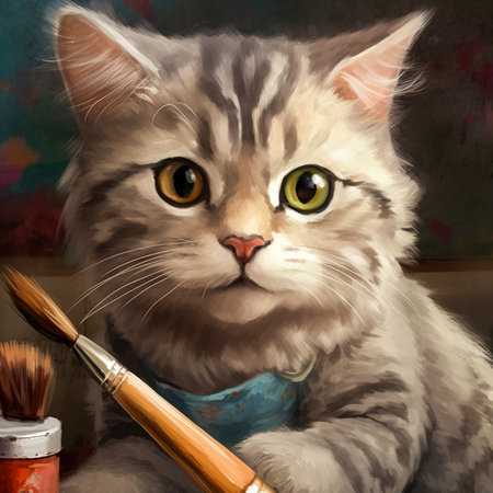 A portrait of a painter cat holding a paintbrush. Created with Generative AI.の素材