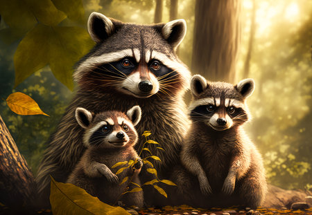 A family of three racoons standing in a forest. Created with Generative AI.の素材
