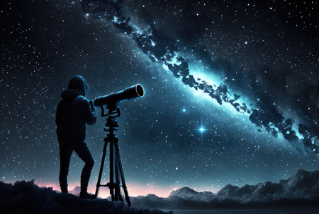 A silhouette of a man looking through a telescope under a starry sky. Created with Generative AI.の素材