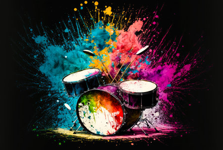A drum set on a black background with splashes of colorful paint. Created with Generative AI.の素材