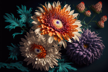Big colorful chrysanthemums on a dark green background. Created with Generative AI.の素材