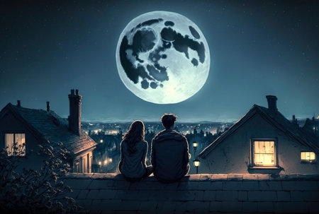 A couple sitting on the roof of their house under the bright full moon. Created with Generative AI.の素材