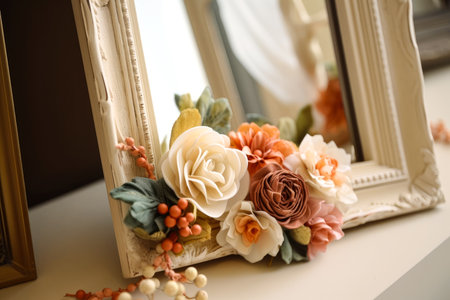 A mirror with artificial flowers on it on a white surface. DIY. Created with Generative AI.の素材