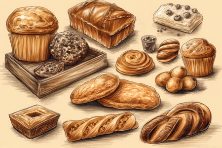A pencil style illustration of various baked goods. Created with Generative AI.の素材
