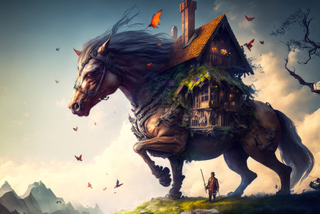 A huge fantasy horse with a house on its back. Created with Generative AI.の素材