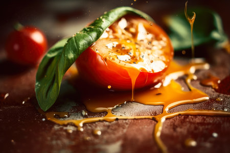 A tomato slice with sauce and a piece of basil on it. Created with Generative AI.の素材