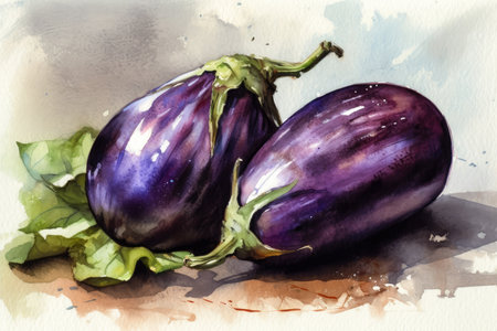 A watercolour style illustration of two eggplants. Created with Generative AI.の素材