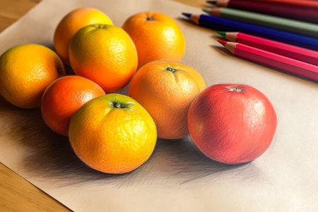 An illustration mandarins and an apple on a piece of paper near pencils. Created with Generative AI.の素材