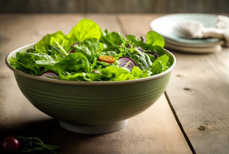 A bowl of green salad standing on a kitchen counter. Created with Generative AI.の素材
