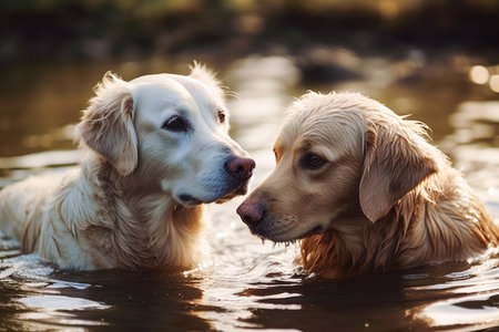 Two dogs swimming in a river. Created with Generative AI.の素材