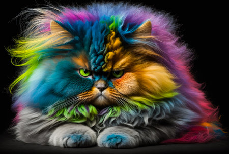 A portrait of a grumpy fluffy rainbow cat. Black background. Created with Generative AI.の素材