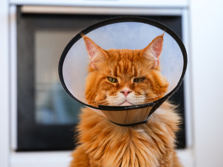 A portrait of a ginger Maine Coon cat with an Elizabethan collar. Cat sitting in a kitchen in front of an ovenの写真素材