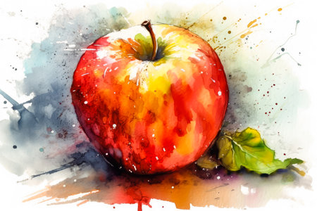 A watercolour style illustration of a red apple. Created with Generative AI.の素材